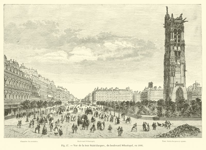 View of the Saint-Jacques Tower, from Boulevard Sebastopol, in 1866 by French School