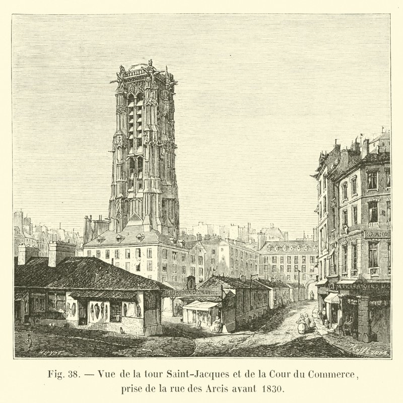 View of the Saint-Jacques Tower and the Cour du Commerce, taken from Rue des Arcis before 1830 by French School