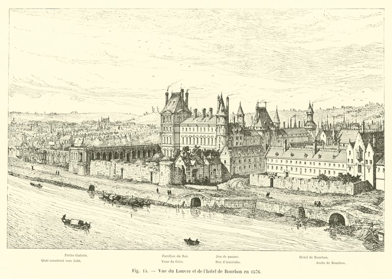 View of the Louvre and the Bourbon hotel in 1576 by French School