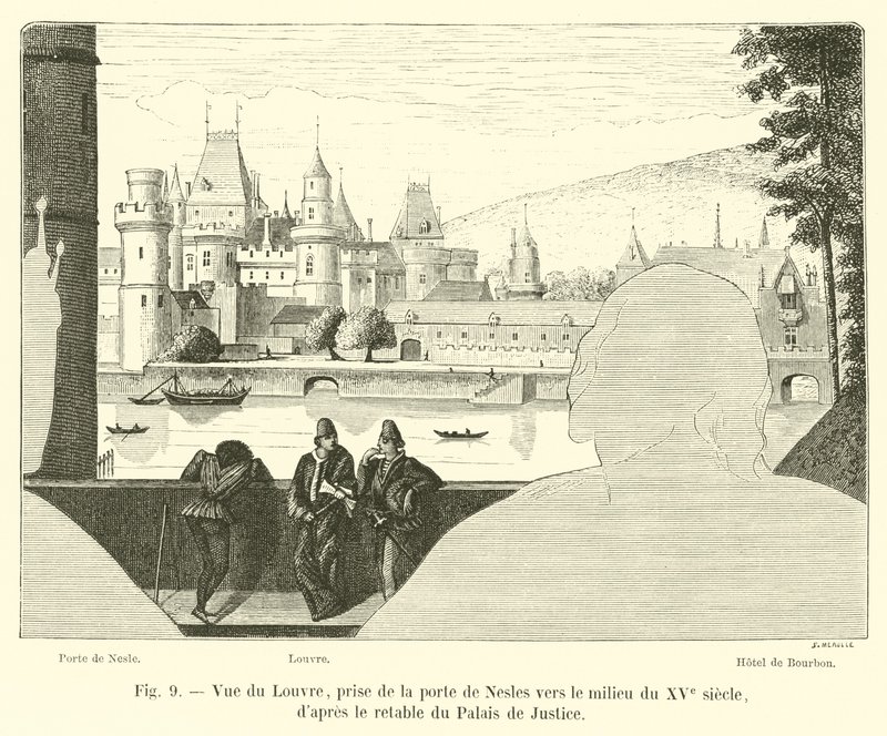 View of the Louvre, taken from the Nesles gate towards the middle of the 15th century, after the altarpiece of the Palais de Justice by French School