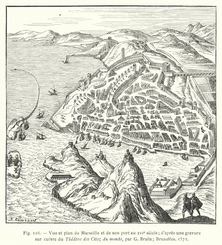 View and plan of Marseille and its port in the 16th century; after a copper engraving from the Theatre of Cities of the World, by G Bruin; Brussels by French School