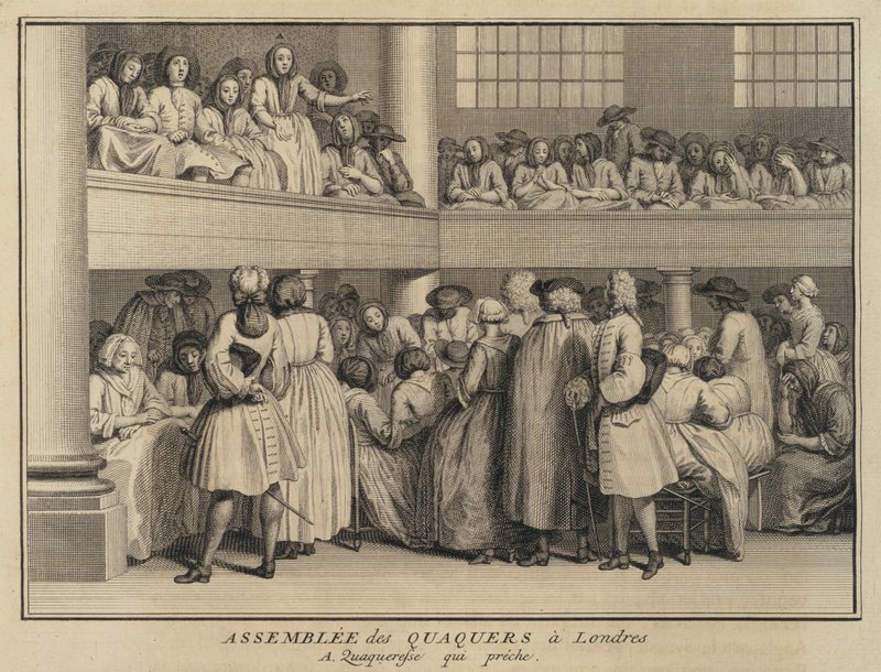 Woman preaching at a meeting of Quakers in London by French School