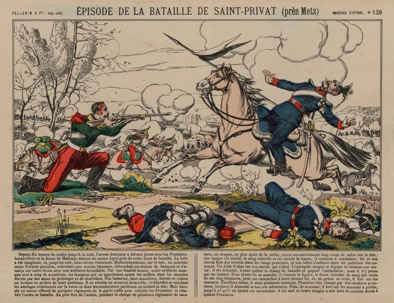 Wounded French Dragoon Shooting a Prussian Lancer at the Battle of Saint-Privat, Franco-Prussian War by French School
