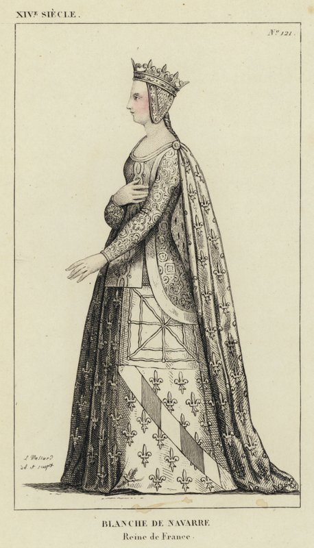 14th Century, Blanche of Navarre, Queen of France (coloured engraving) by French School