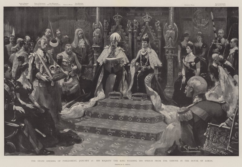 The State Opening of Parliament, 16 January, His Majesty the King reading his Speech from the Throne in the House of Lords by G.S. Amato