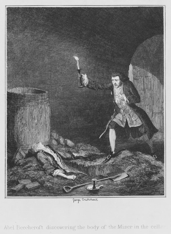 Abel Beechcroft discovering the body of the Miser in the cellar by George (after) Cruikshank