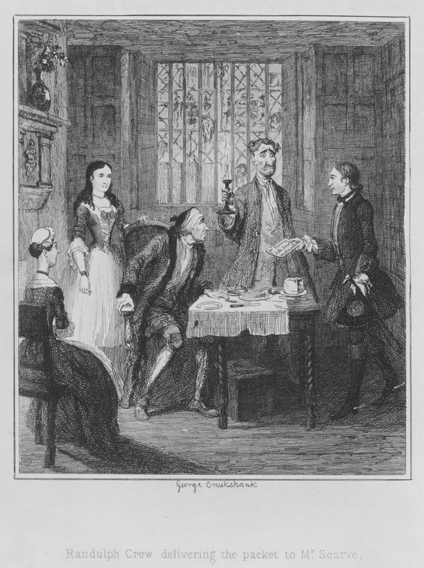 Randulph Crew delivering the packet to Mr Scarve by George (after) Cruikshank