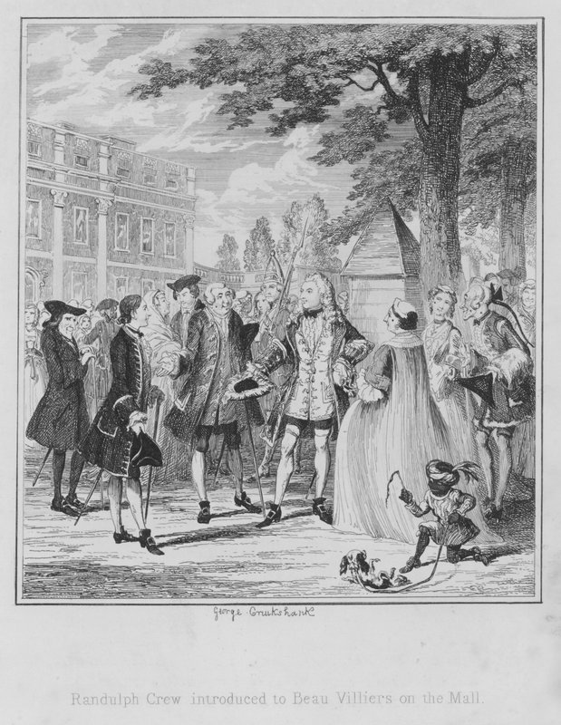 Randulph Crew introduced to Beau Villiers on the Mall by George (after) Cruikshank