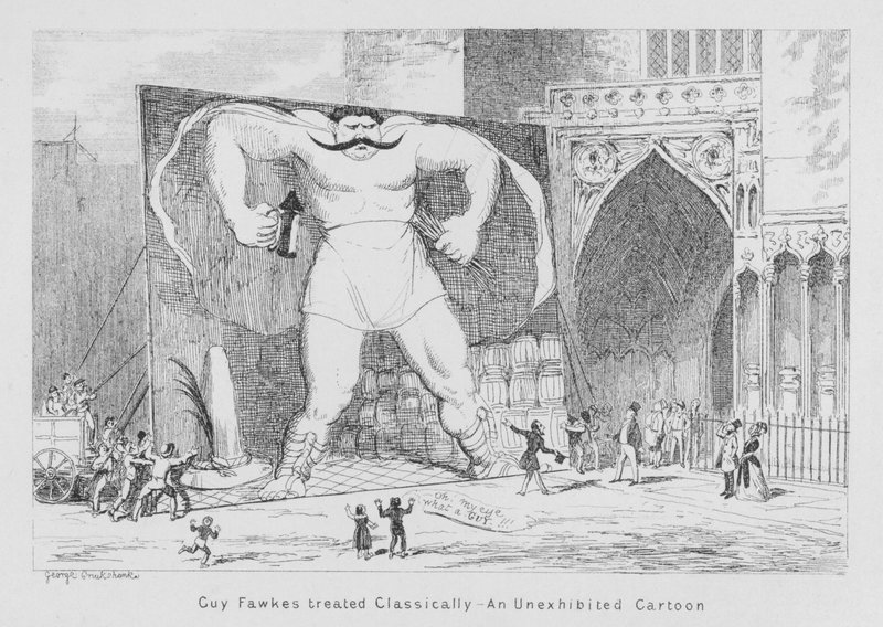 Guy Fawkes treated classically, An unexhibited cartoon by George Cruikshank