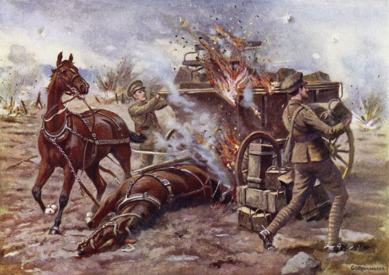 Acting Bombardier H A Creasey Assisting to Unload a Burning Ammunition Wagon Under Very Heavy Shell Fire, Potijze, Near Ypres by George Derville Rowlandson