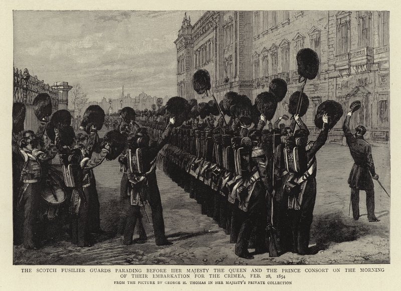 The Scotch Fusilier Guards Parading before Her Majesty the Queen and the Prince Consort on the morning of their Embarkation for the Crimea, 28 February 1854 by George Housman Thomas