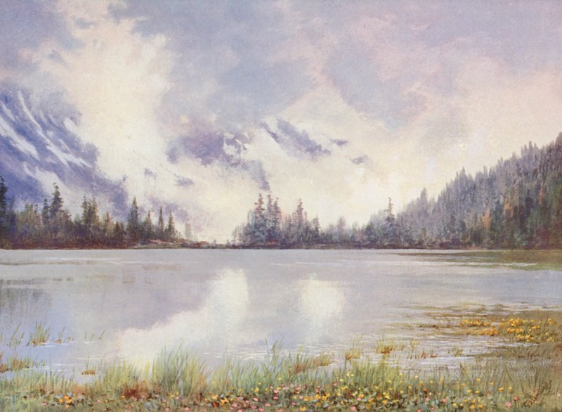 Lake Champex in Cloudland at the End of May; Caltha Palustris and Primula Farinosa by the Water-Edge by George Jackson Flemwell