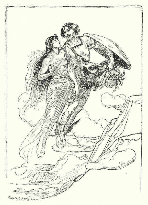 Perseus: "Perseus lifted his fair Andromeda in his arms and fled with her to the cliff top" by George Soper