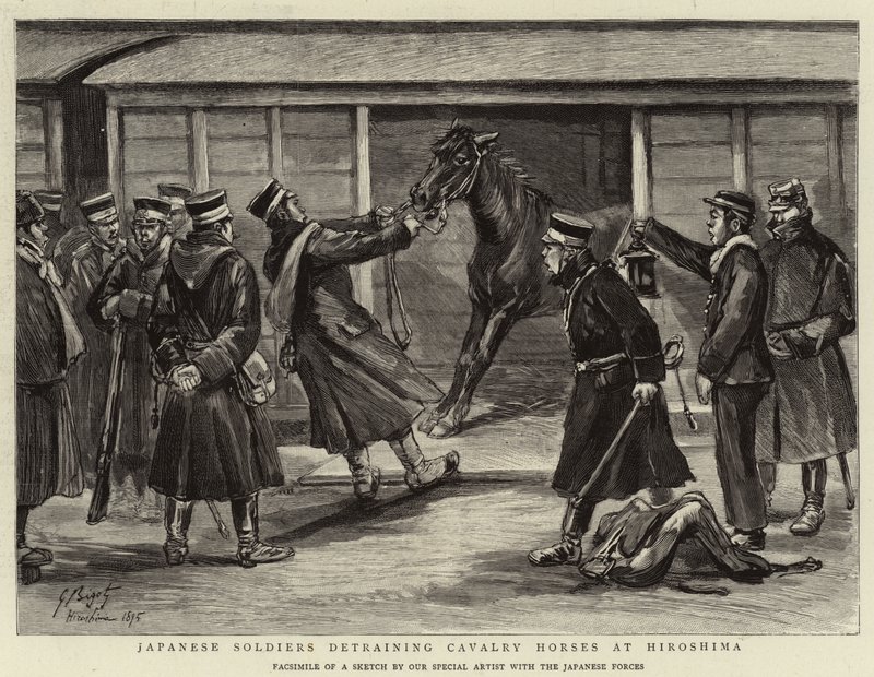Japanese Soldiers Detraining Cavalry Horses at Hiroshima by Georges Ferdinand Bigot
