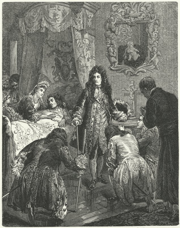 Louis XIV of France visiting James II of England on his deathbed by German School