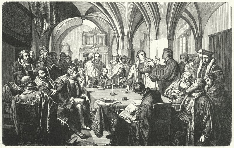 Religious debate between Martin Luther and Huldrych Zwingli at the Marburg Colloquy, 1529 by German School