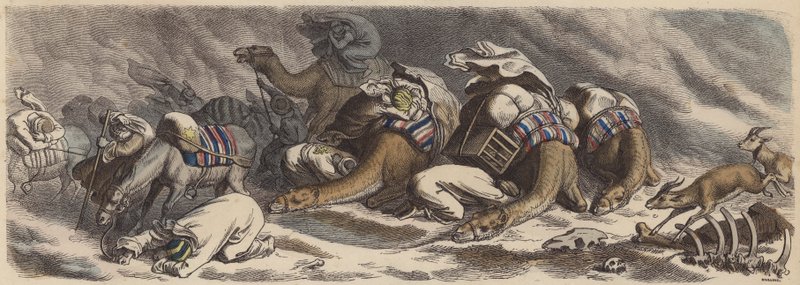 A Caravan Caught in a Sandstorm in the Sahara (Coloured Engraving) by German School