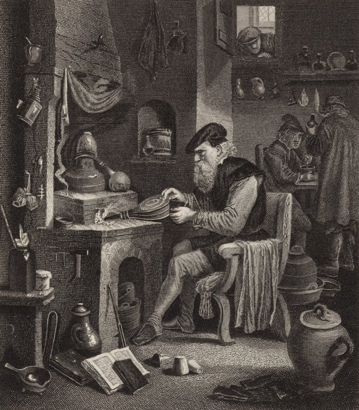 Alchemist at work. Illustration for Bilder-Atlas by German School
