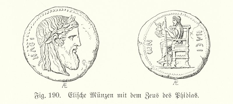 Ancient Greek Coins from Elis Bearing Images of the Zeus of Phidias by German School