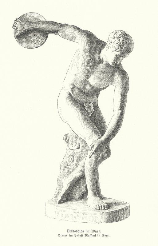 Ancient Greek statue of a discus thrower making a throw by German School