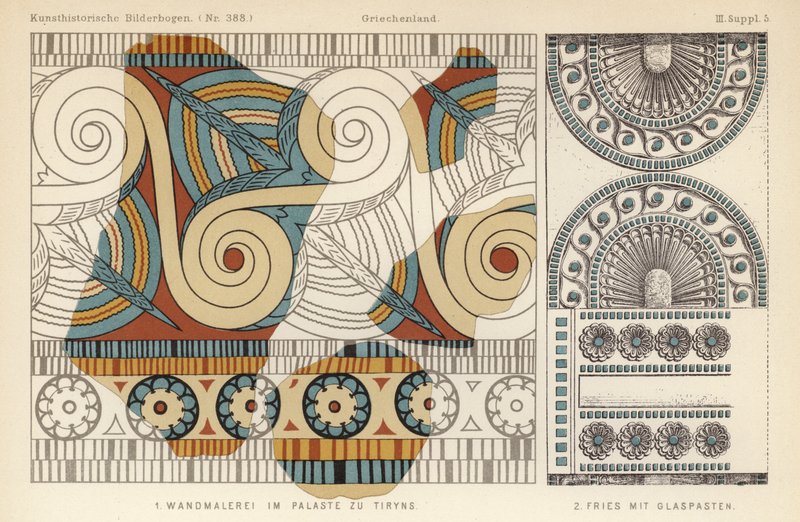 Ancient Greek wall painting from a palace in Tiryns and frieze with glass paste decoration by German School