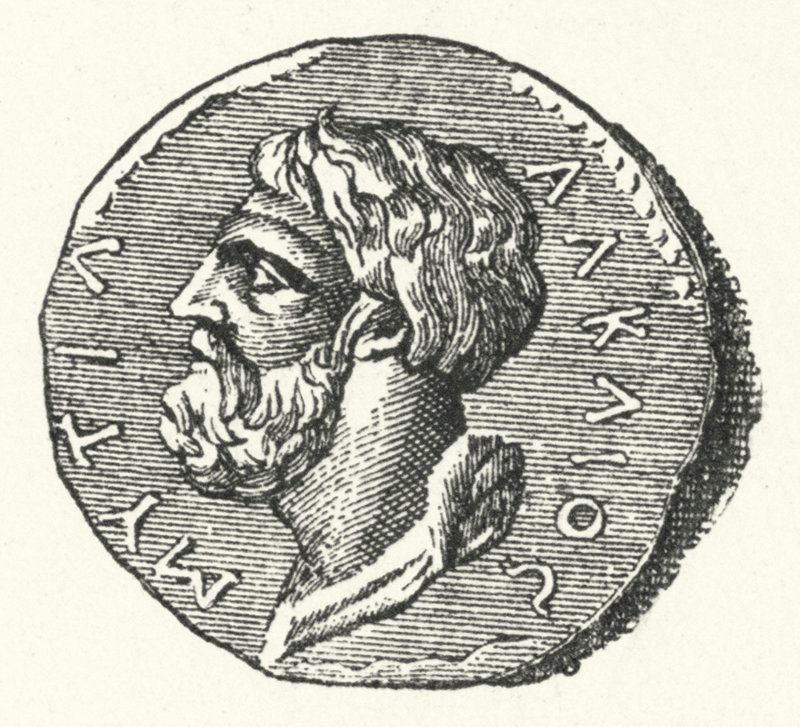 Ancient Coin Showing the Head of the Greek Poet Alcaeus of Mytilene by German School