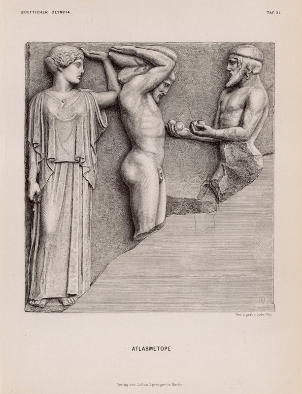 Atlas bringing Heracles the Apples of the Hesperides in the presence of Athena, metope from the Temple of Zeus, Olympia, Greece by German School