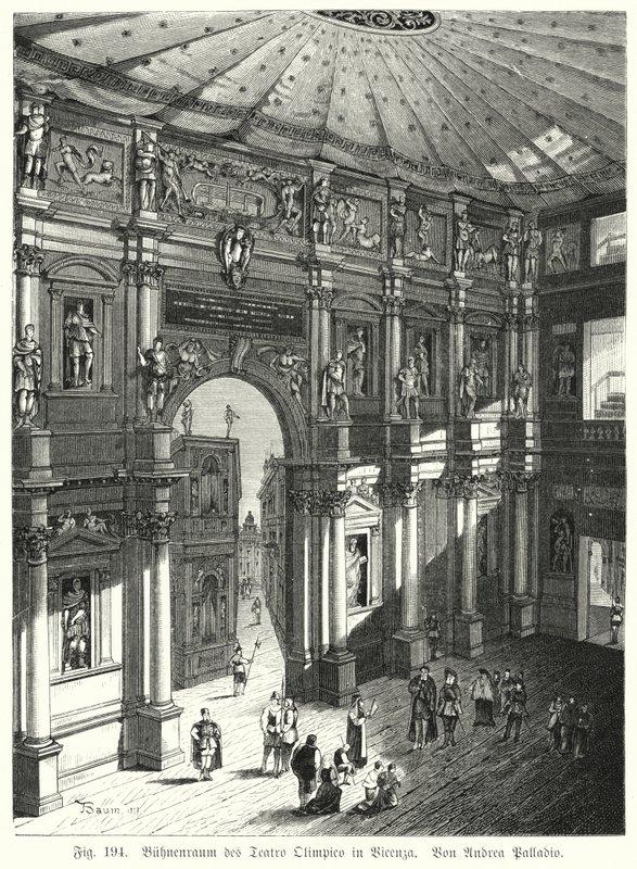 Auditorium and stage of the Teatro Olimpico, Piacenza, Italy, designed by Andrea Palladio by German School