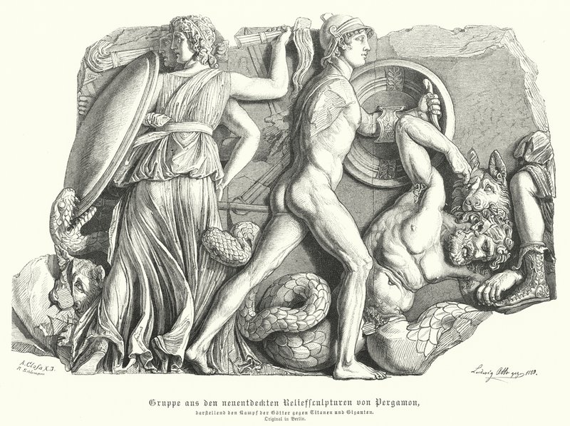Battle Between the Gods and Titans and Giants, Ancient Greek Relief from Pergamon by German School