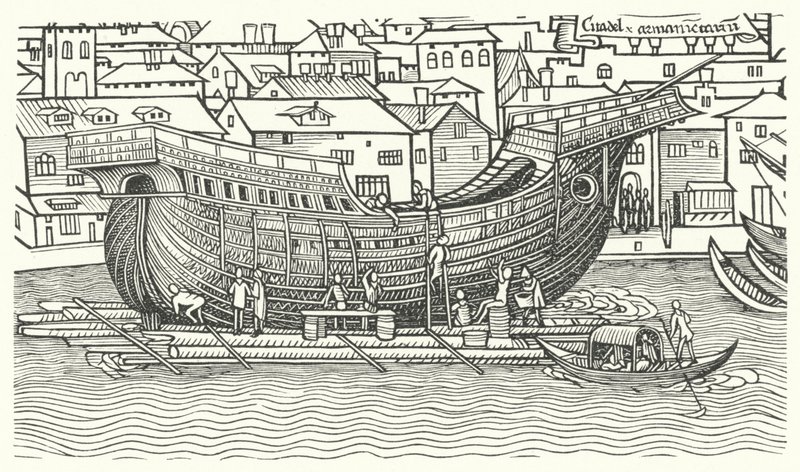 Building of a large seagoing ship at the end of the 15th century by German School
