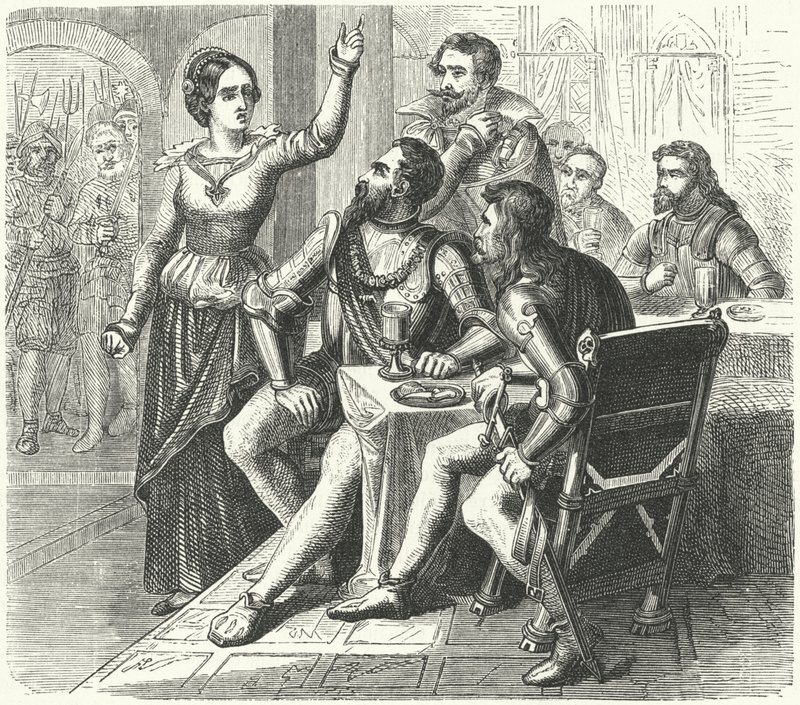 Catherine of Schwarzburg threatening the Duke of Alba (engraving) by German School