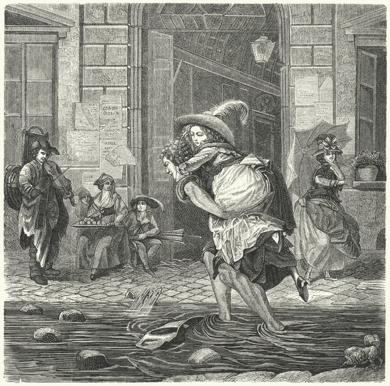 Crossing a flooded street in Paris in the rain by German School