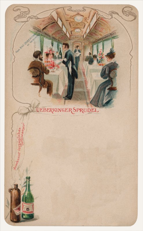 Dining car on a train, advertisement for Ueberkinger Sprudel table water by German School