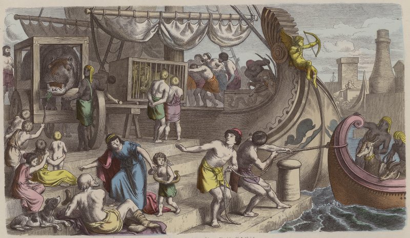 Disembarkation of animals to be used in the Roman games by German School
