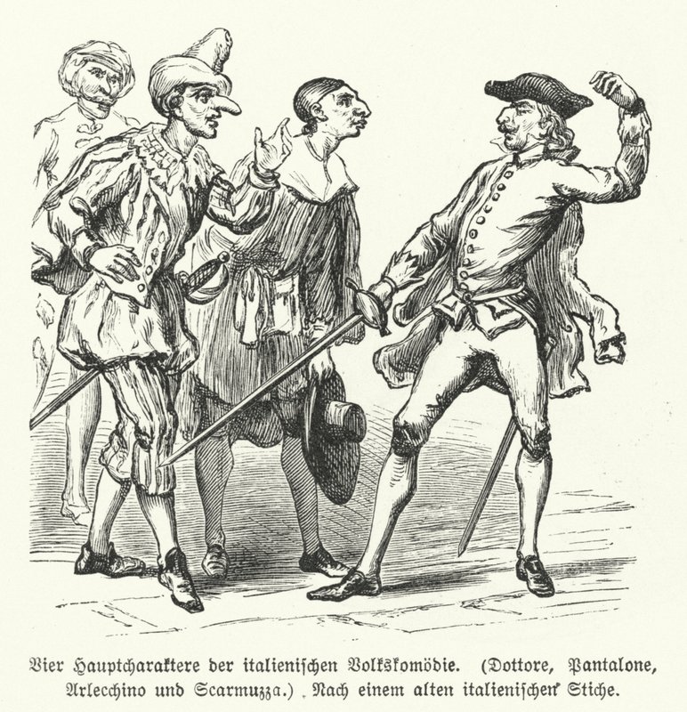 Dottore, Pantalone, Arlecchino and Scaramuccia, four characters from the Commedia dell