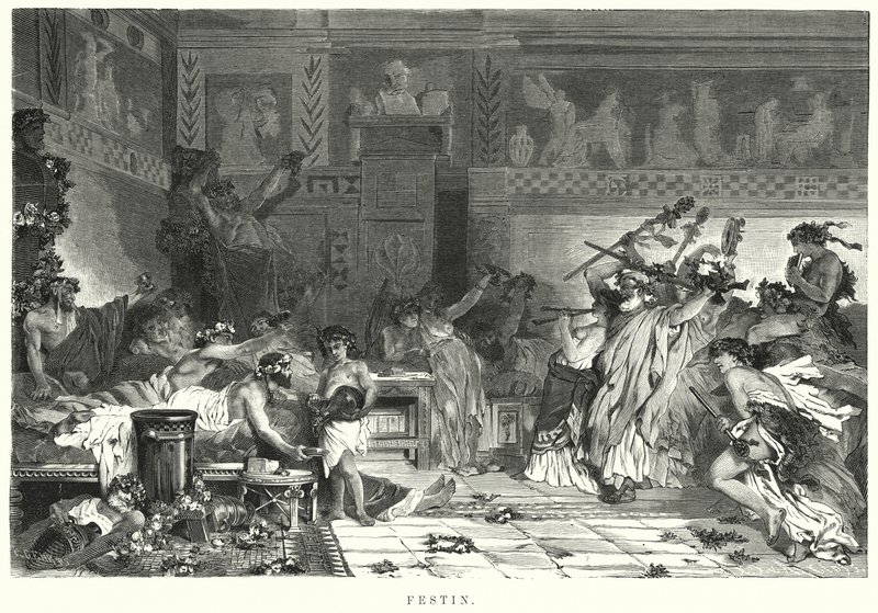 Entertainment after the meal at a Roman feast by German School