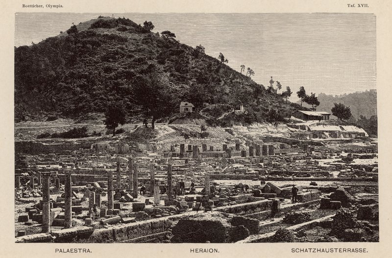 Excavation of the site of ancient Olympia, Greece: the Palaestra, the Temple of Hera and the Treasuries by German School