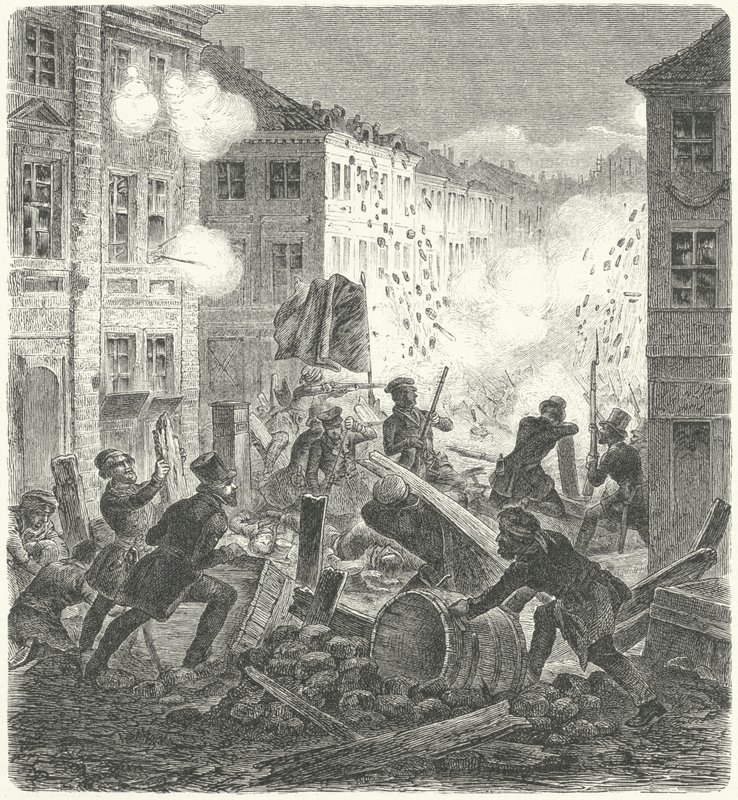 Fighting at a barricade in front of the Colln Town Hall, Berlin, Revolution of 1848 by German School