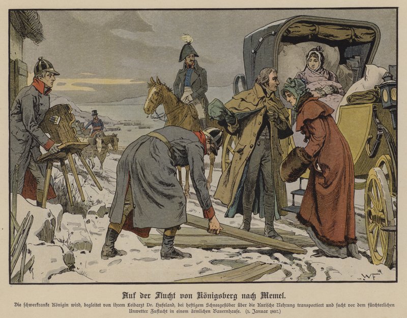 Fleeing the French, the seriously ill Queen Louise of Prussia making a stop at a farmhouse on the road from Konigsberg to Memel by German School