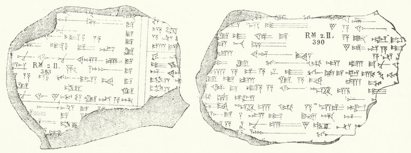 Fragments of Babylonian cuneiform text on two clay tablets by German School