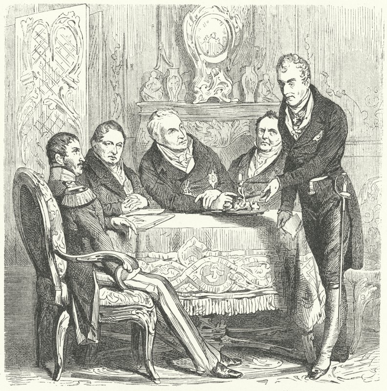 Frederick William III of Prussia in discussions with his Prime Minister, Karl August von Hardenberg and Klemens von Metternich, the Austrian Foreign Minister by German School