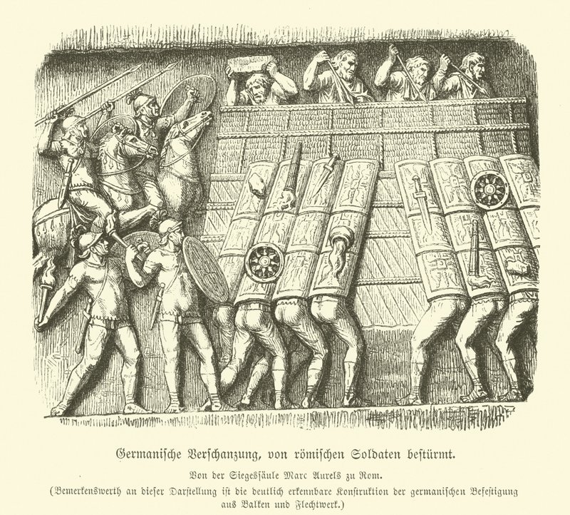 Germanic fortification under attack by Roman soldiers by German School