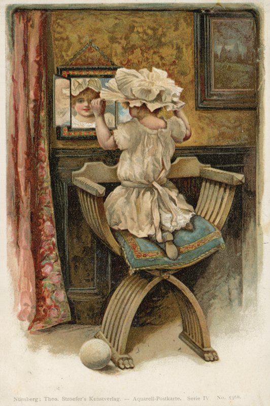 Girl in bonnet looking at herself in the mirror by German School