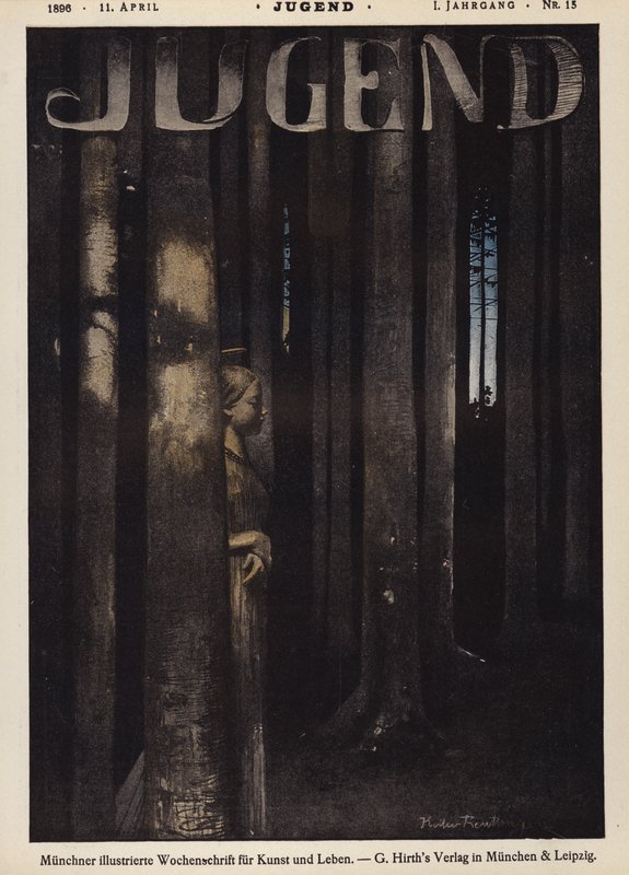 Girl walking in a forest at night by German School