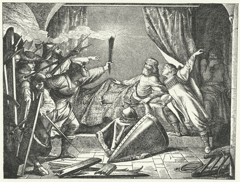 Hartmann of Siebenich disguised as Frederick Barbarossa to enable the Emperor to escape from Susa, Italy by German School