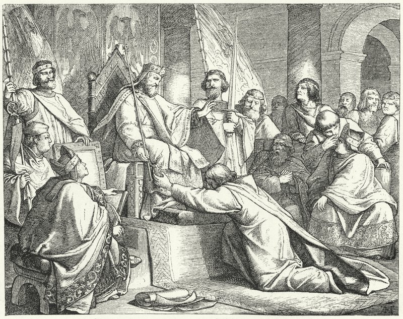 Henry the Lion, Duke of Saxony, submitting to Frederick Barbarossa at Erfurt by German School