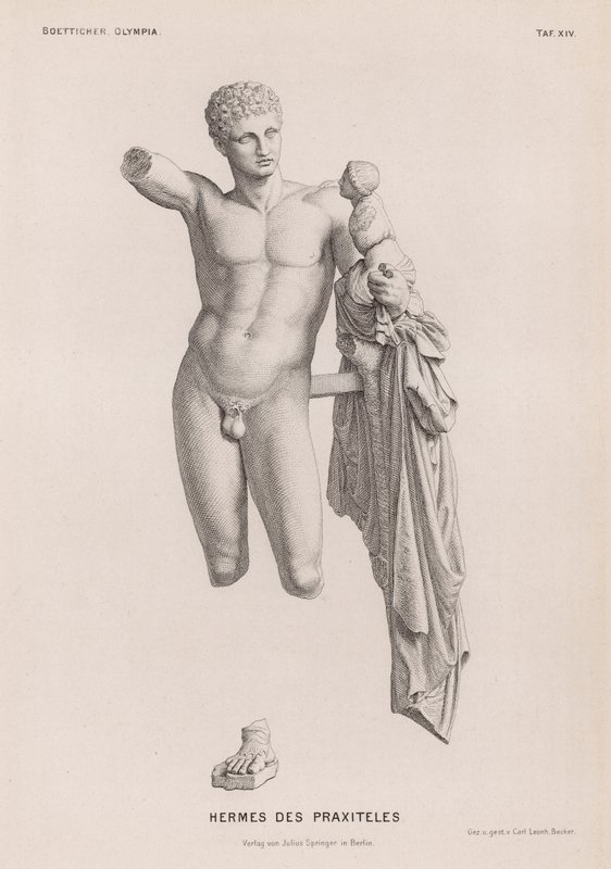 Hermes and the Infant Dionysus, sculpture attributed to Praxiteles excavated at Olympia, Greece by German School