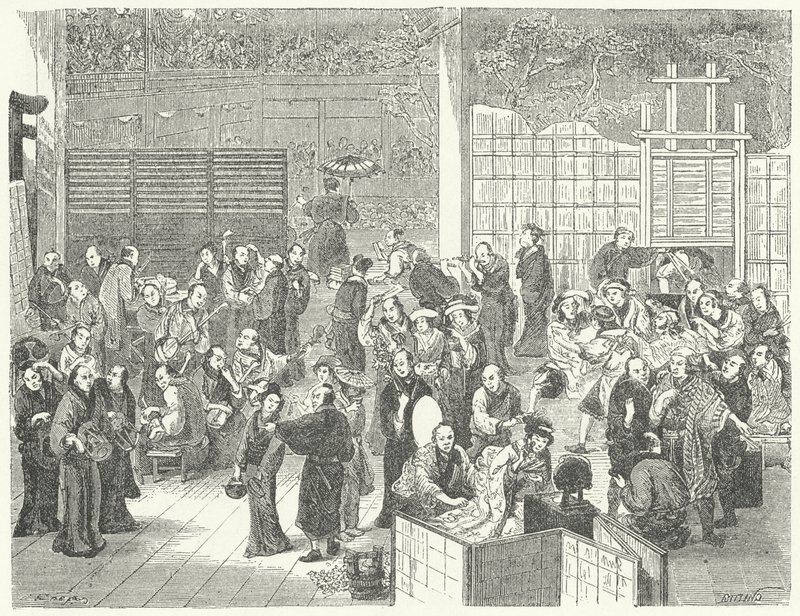 In the Dressing Room of a Japanese Theatre (engraving) by German School
