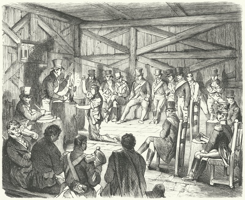 Initiation of a new member into a group of the Carbonari, network of revolutionary secret societies in Italy by German School
