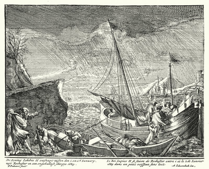King James II flees England, leaving Rochester in a small boat by German School